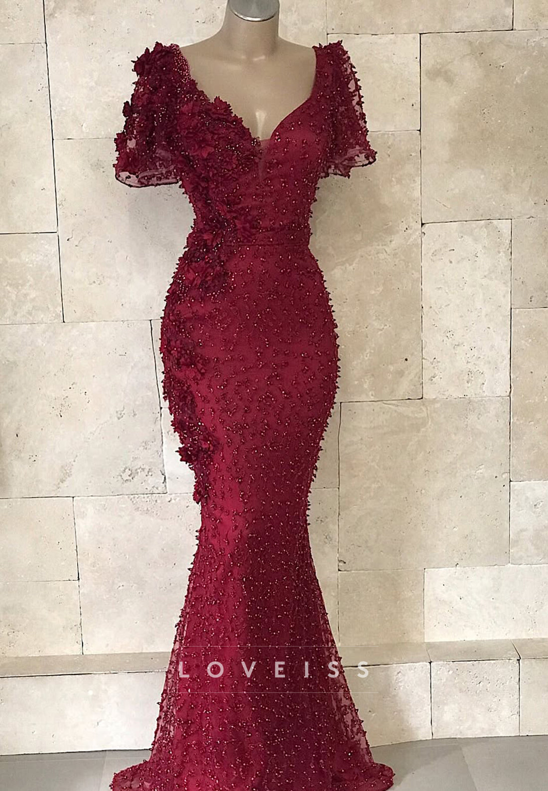 V-Neck Short Sleeves Appliques Beaded Embroidery Mermaid Evening Dress