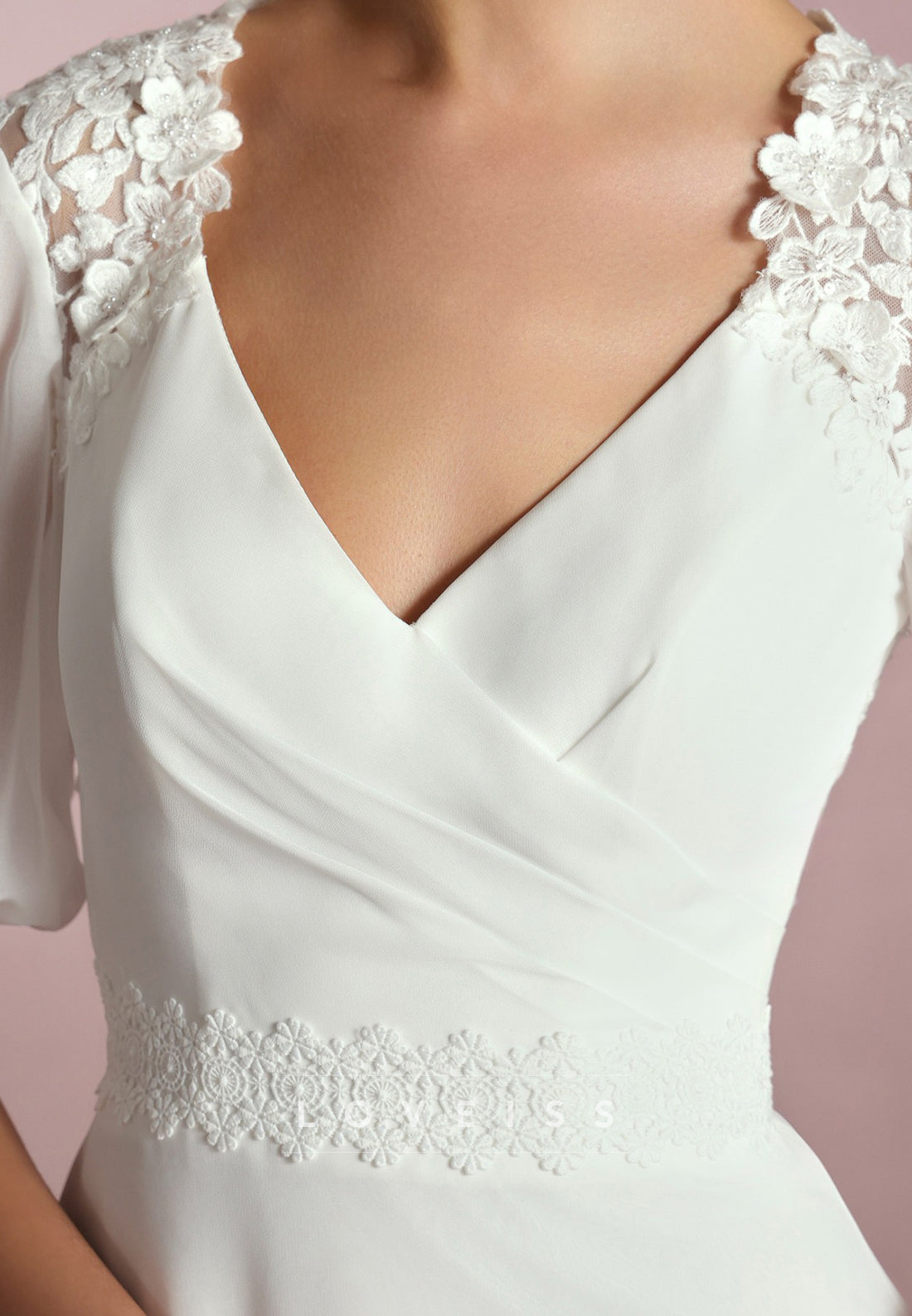 V-Neck Short Sleeves Appliques Sleek A-Line Wedding Dress