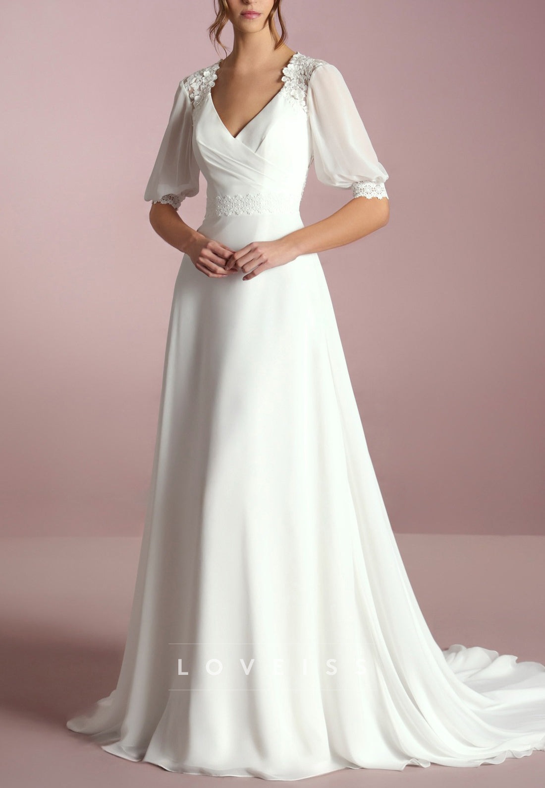 V-Neck Short Sleeves Appliques Sleek A-Line Wedding Dress
