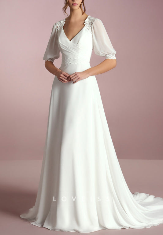 V-Neck Short Sleeves Appliques Sleek A-Line Wedding Dress