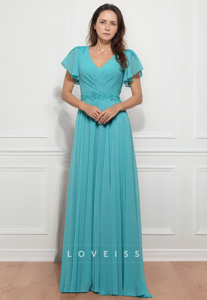 V-Neck Short Sleeves Chiffon Pleated A-Line Mother of Bride Dress