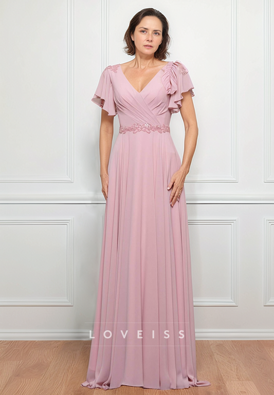 V-Neck Short Sleeves Chiffon Pleated A-Line Mother of Bride Dress