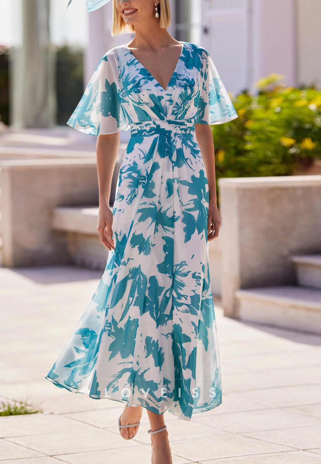 V-Neck Short Sleeves Floral Printed Chiffon A-Line Mother oif Bride Dress
