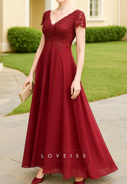 V-Neck Short Sleeves Lace Appliques A-Line Mother of Bride Dress