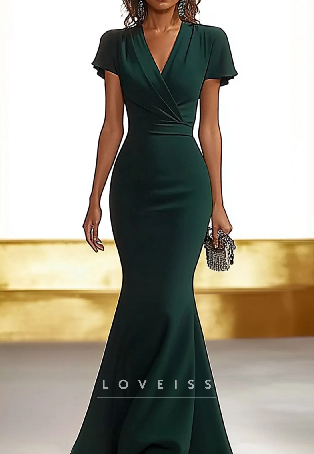 V-Neck Short Sleeves Mermaid Mother of Bride Dress