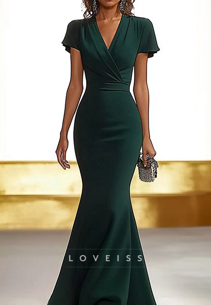 V-Neck Short Sleeves Mermaid Mother of Bride Dress