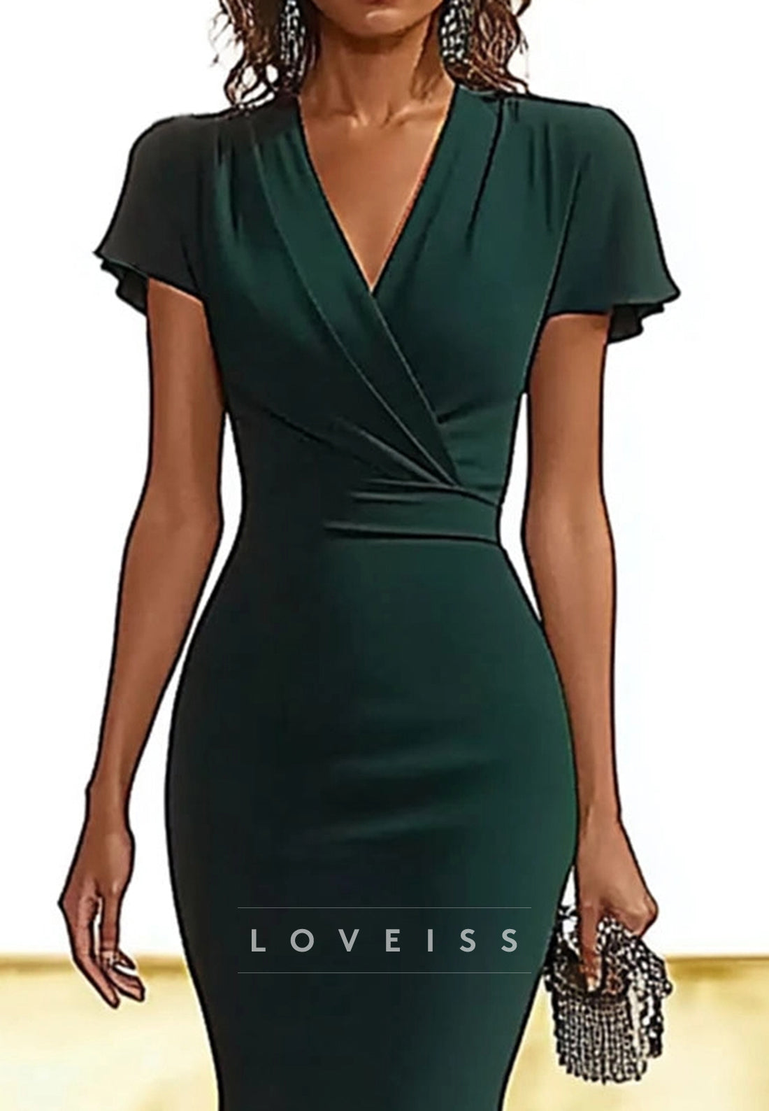 V-Neck Short Sleeves Mermaid Mother of Bride Dress