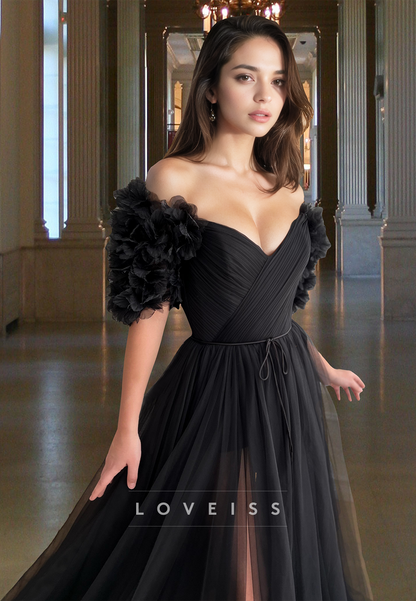 V-Neck Short Sleeves Pleated Tulle Side Slit A-Line Prom Dress