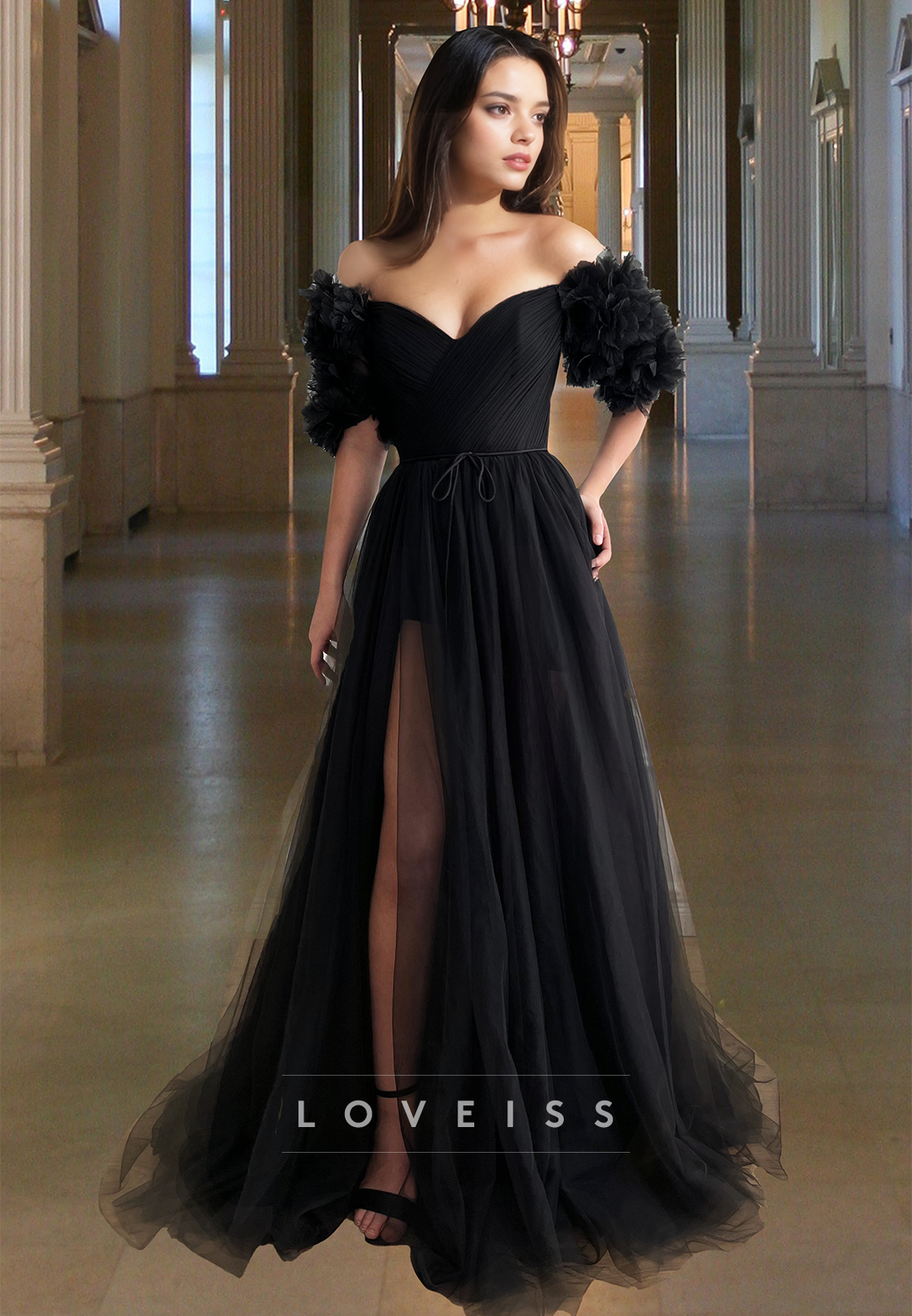 V-Neck Short Sleeves Pleated Tulle Side Slit A-Line Prom Dress