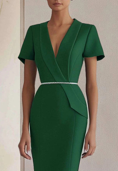 V-Neck Short Sleeves Sheath Knee-Length Blazer Dress