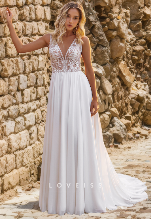 V-Neck Sleeveless Appliques A-LIne Beach Wedding Dress