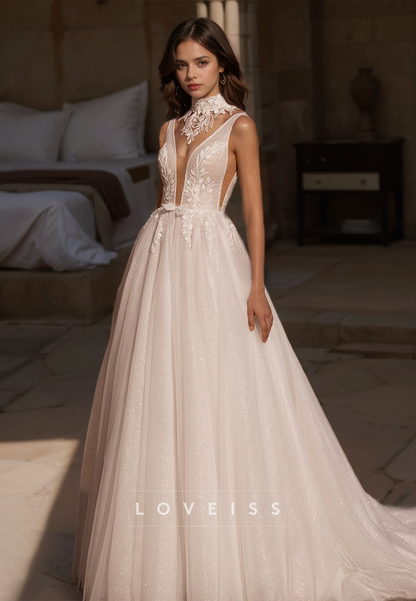 V-Neck Sleeveless Appliques A-Line Ball Gown Wedding Dress