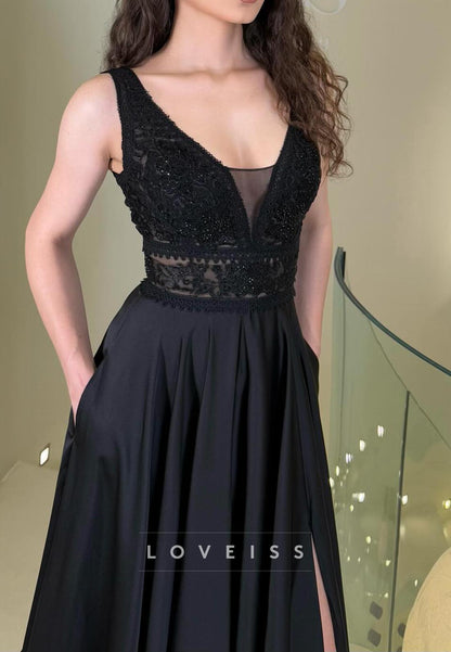 V-Neck Sleeveless Appliques A-Line Formal Dress