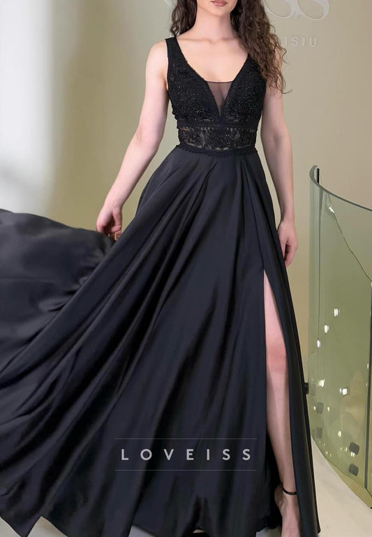 V-Neck Sleeveless Appliques A-Line Formal Dress