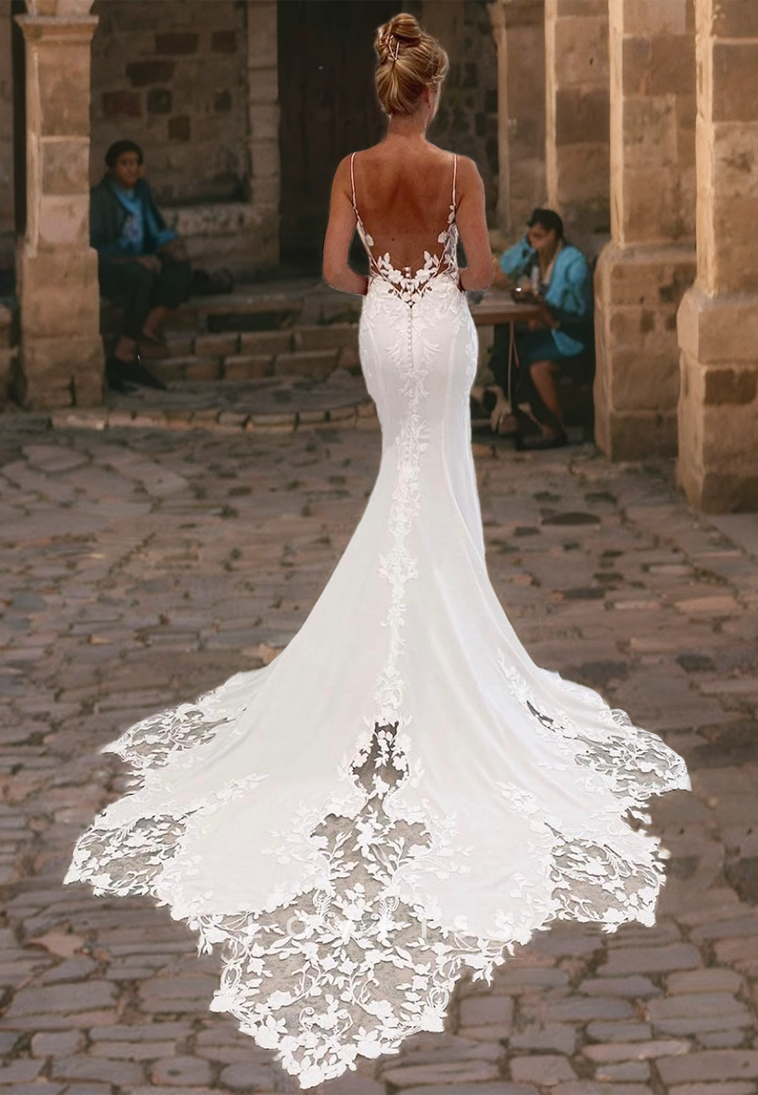 strapless backless mermaid wedding dress Mermaid V-neck Strapless Sequined Lace Applique Floor-length Sleeveless Open Back Wedding Dress