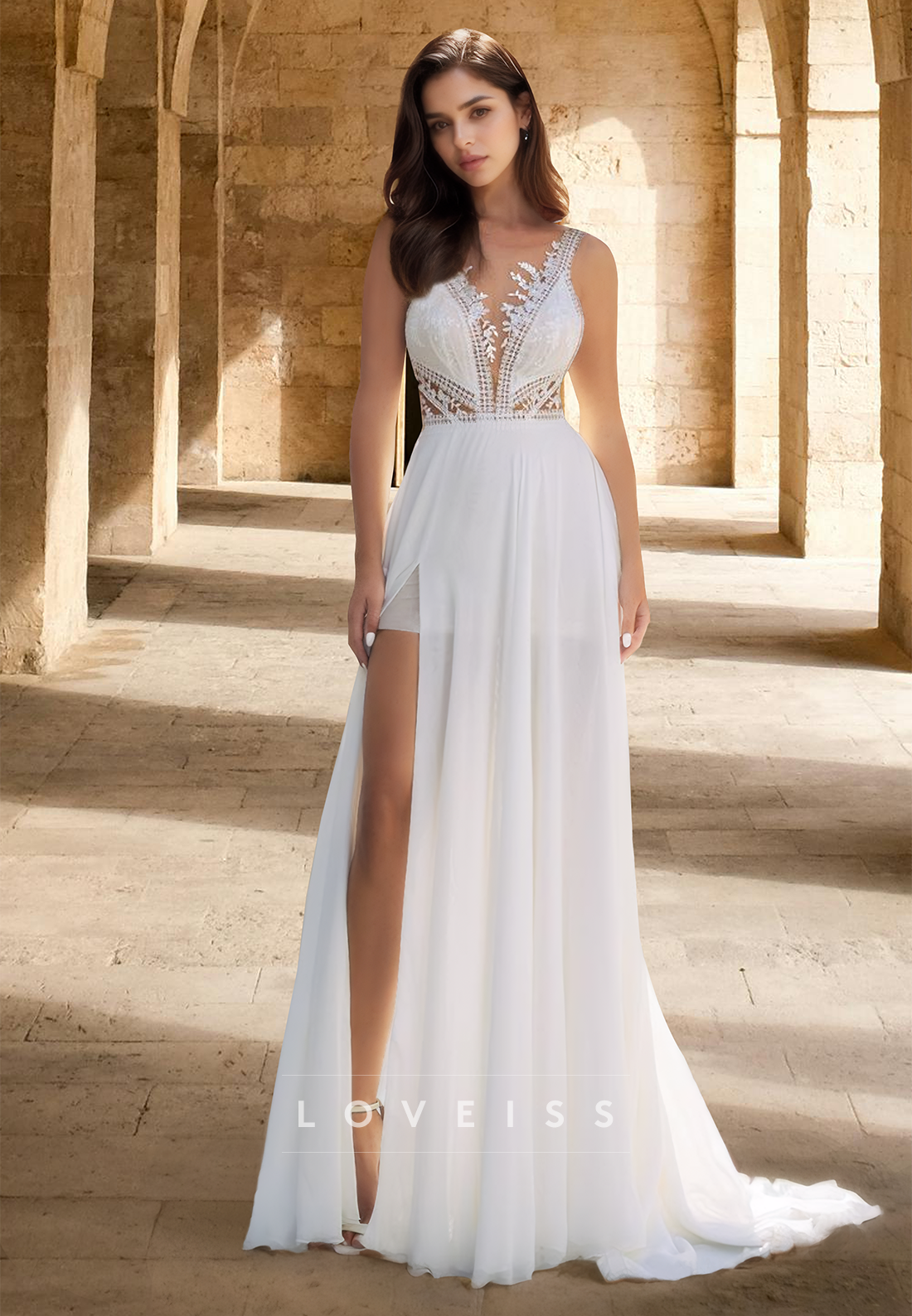 V-Neck Sleeveless Appliques Chiffon A-Line Beach Wedding Dress