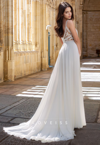 V-Neck Sleeveless Appliques Chiffon A-Line Beach Wedding Dress