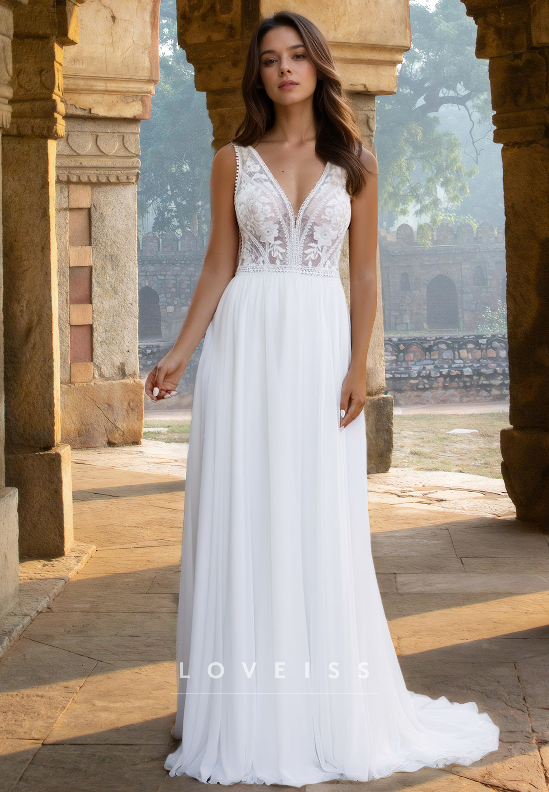 V-Neck Sleeveless Appliques Chiffon A-Line Beach Wedding Dress