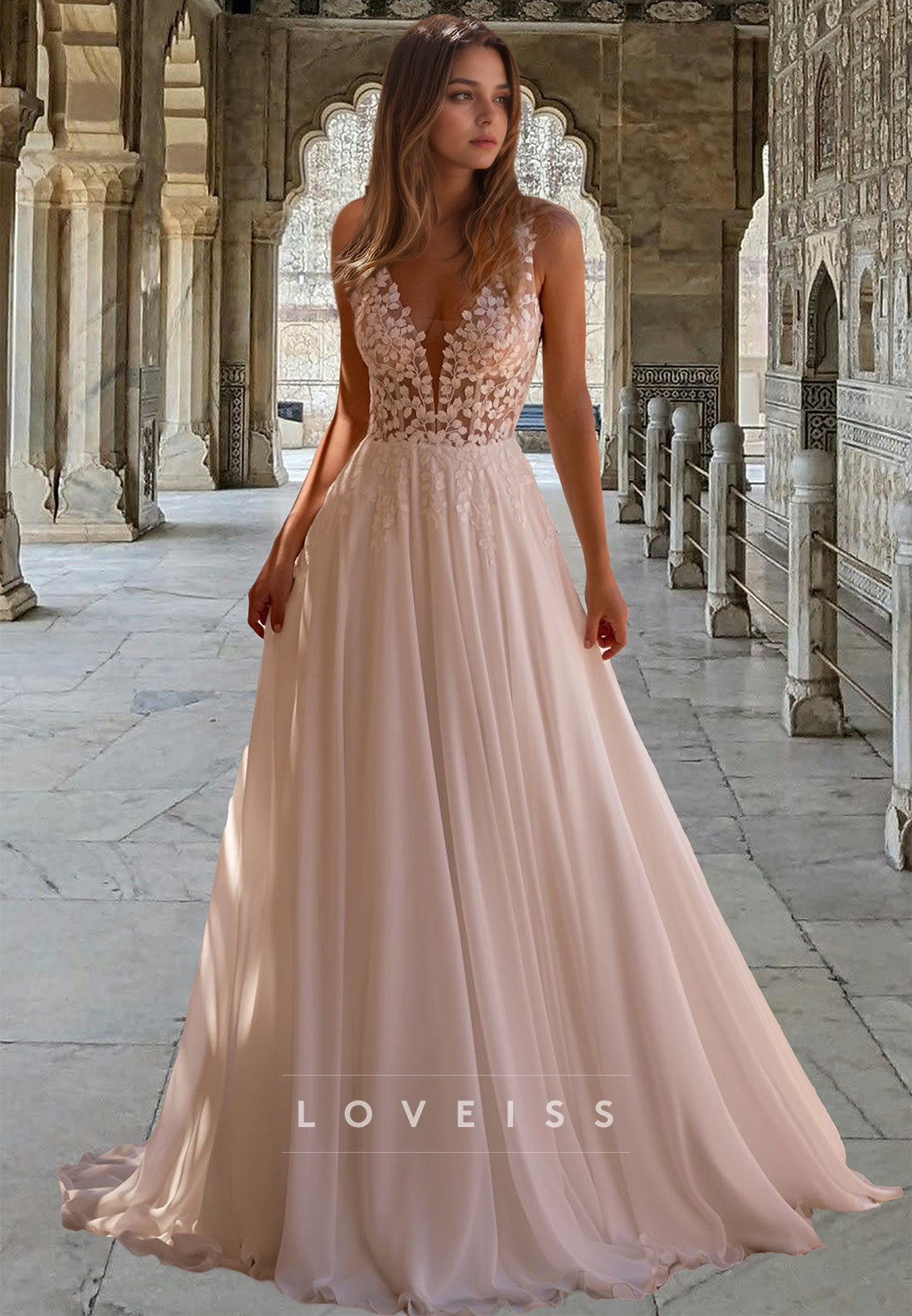 V-Neck Sleeveless Appliques Chiffon A-Line Wedding Dress