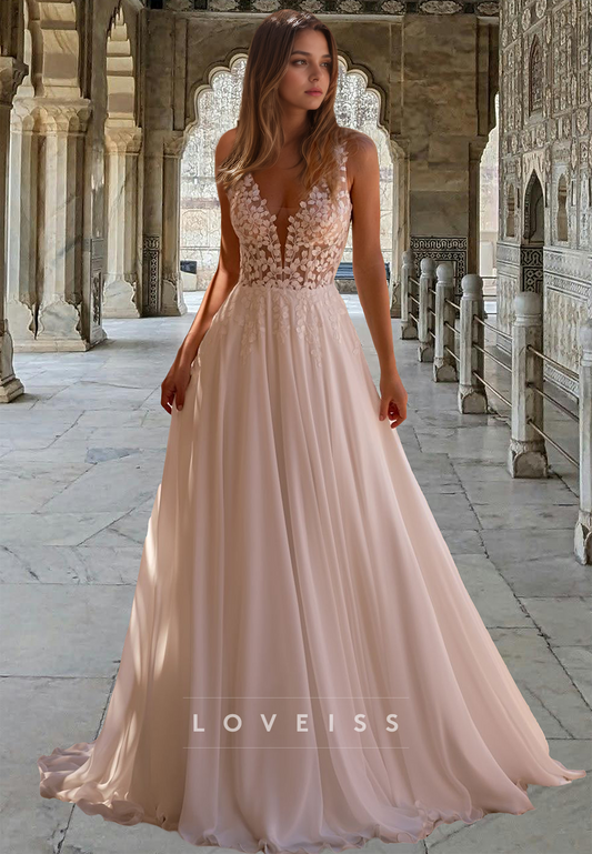 V-Neck Sleeveless Appliques Chiffon A-Line Wedding Dress