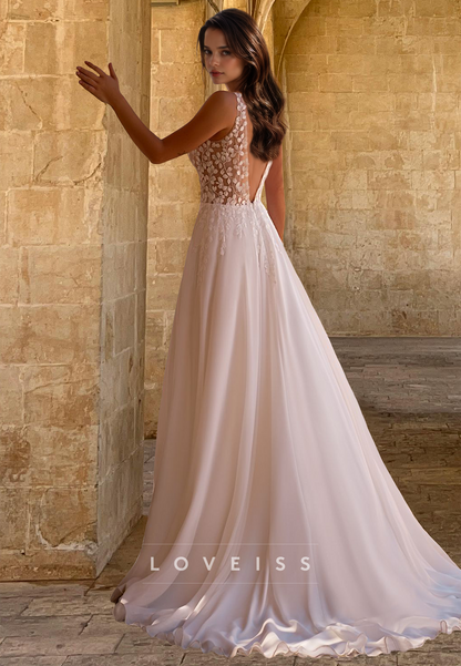 V-Neck Sleeveless Appliques Chiffon A-Line Wedding Dress