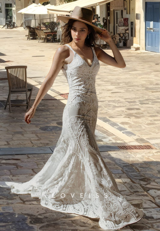 V-Neck Sleeveless Appliques Mermaid Boho Wedding Dress