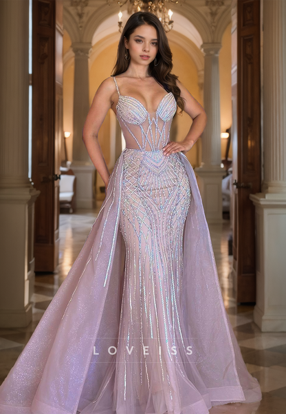 V-Neck Sleeveless Appliques Mermaid Sparkly Prom Dress