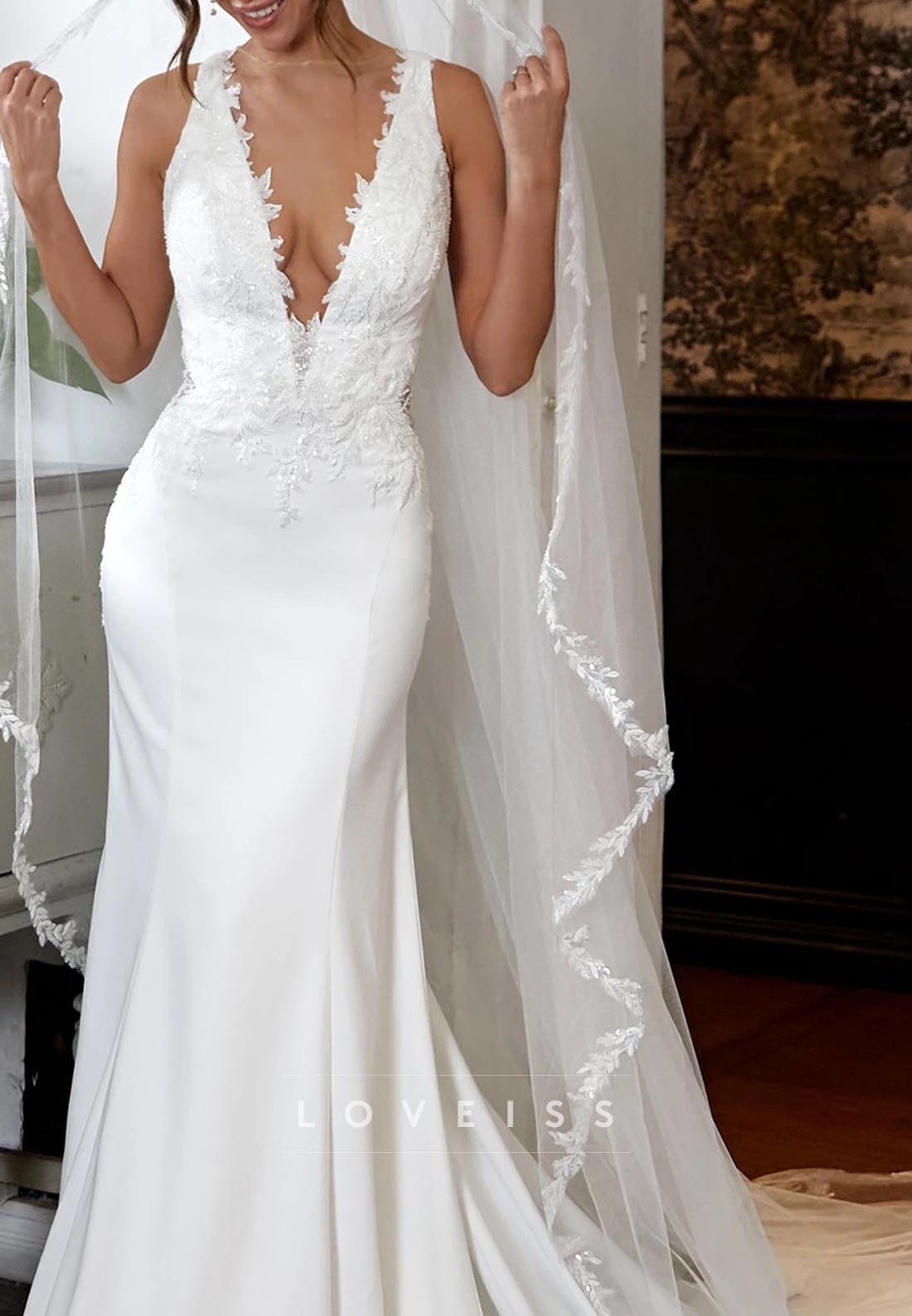 V-Neck Sleeveless Appliques Mermaid Wedding Dress