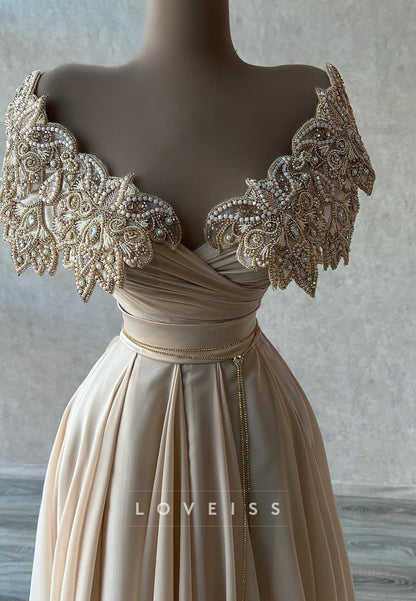 V-Neck Sleeveless Appliques Pleated A-Line Evening Dress