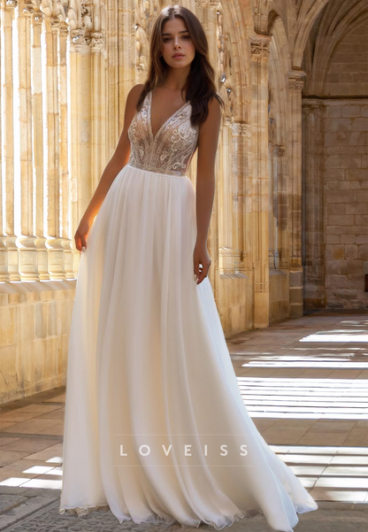 V-Neck Sleeveless Appliques Pleated A-Line Wedding Dress