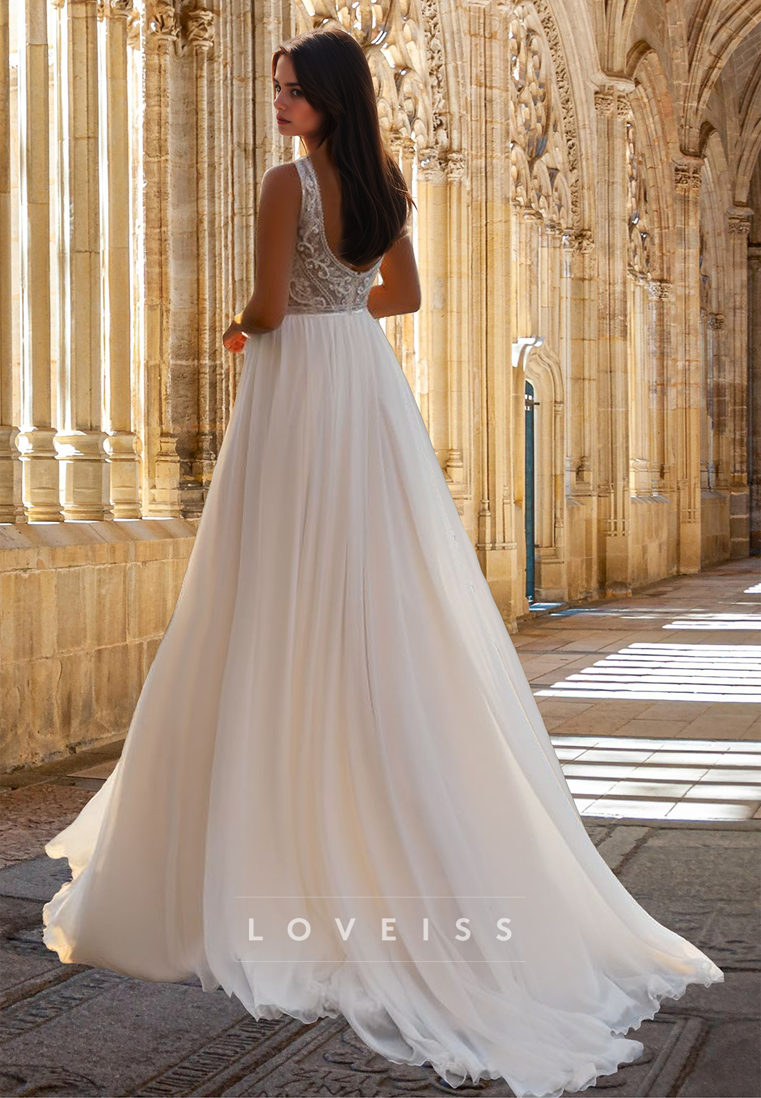 V-Neck Sleeveless Appliques Pleated A-Line Wedding Dress