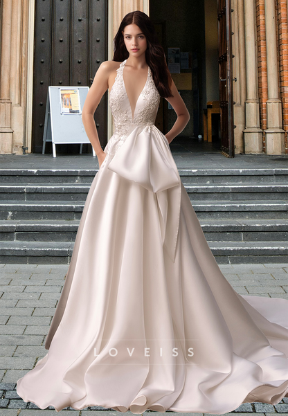 V-Neck Sleeveless Appliques Pleated Sleek A-Line Wedding Dress