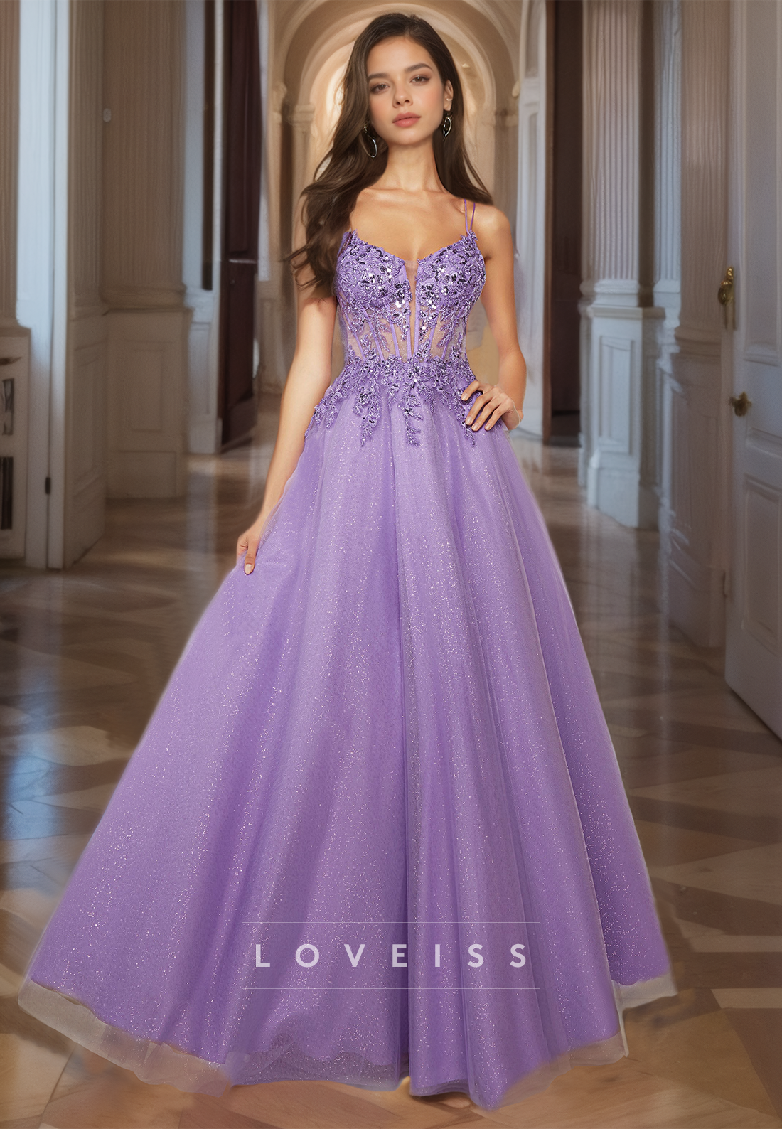 V-Neck Sleeveless Appliques Pleated Tulle A-Line Prom Dress