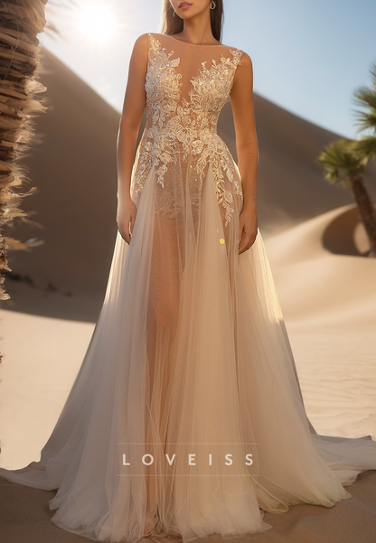 V-Neck Sleeveless Appliques Sheer Tulle A-Line Wedding Dress