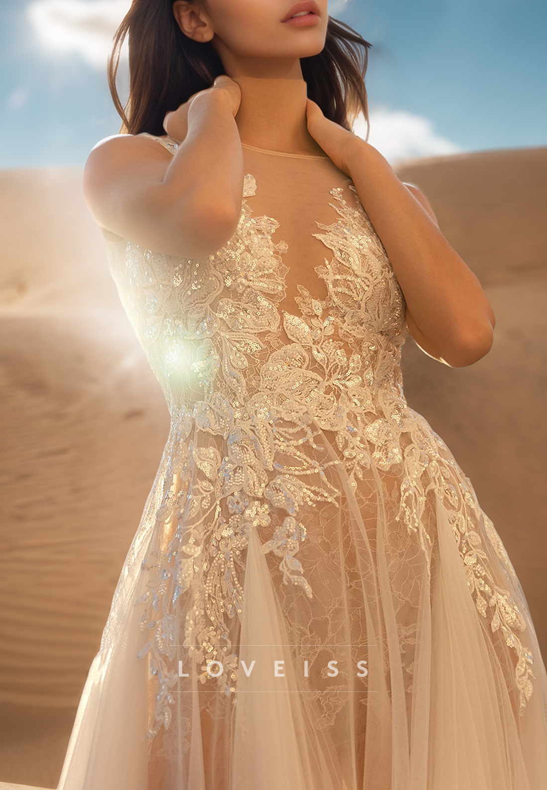 V-Neck Sleeveless Appliques Sheer Tulle A-Line Wedding Dress