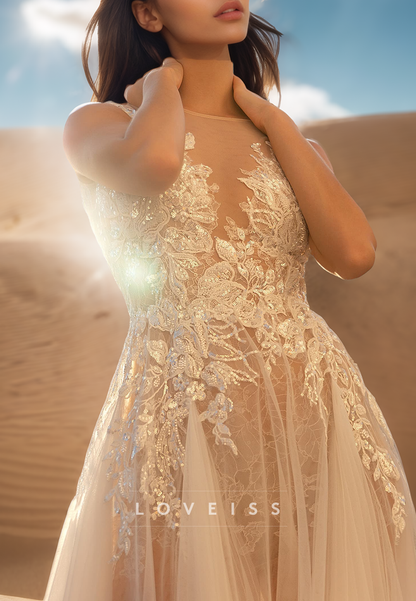 V-Neck Sleeveless Appliques Sheer Tulle A-Line Wedding Dress