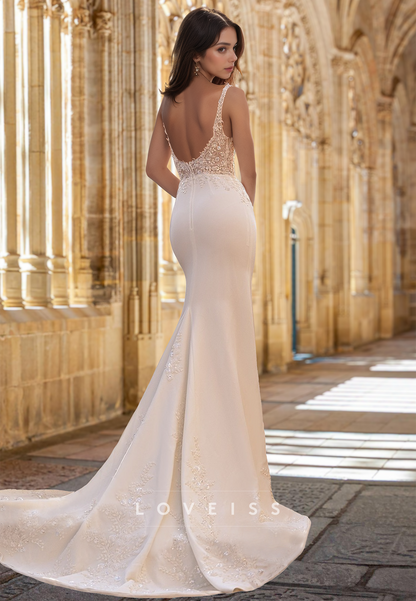 V-Neck Sleeveless Appliques Sleek Mermaid Beach Wedding Dress