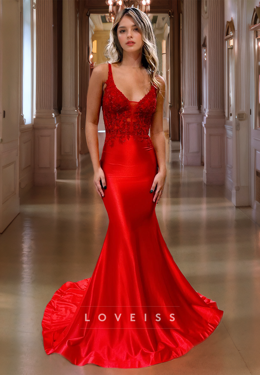 V-Neck Sleeveless Appliques Sleek Mermaid Prom Dress