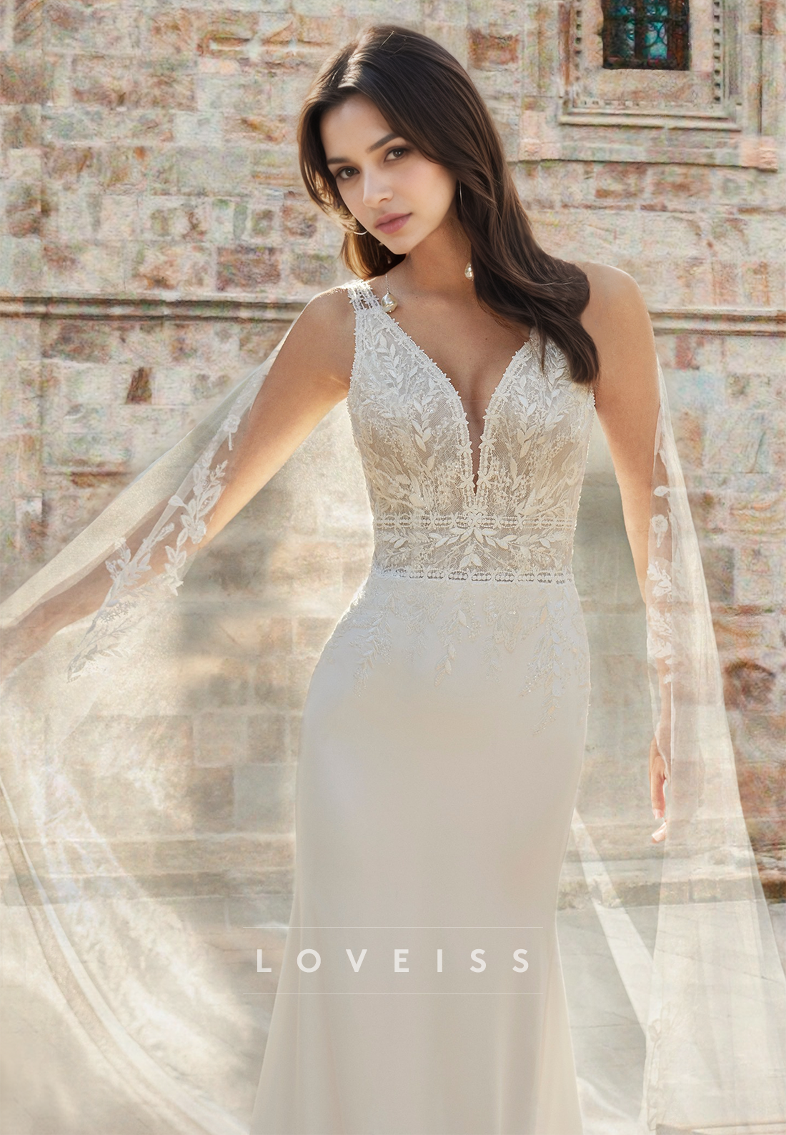 V-Neck Sleeveless Appliques Sleek Mermaid Wedding Dress