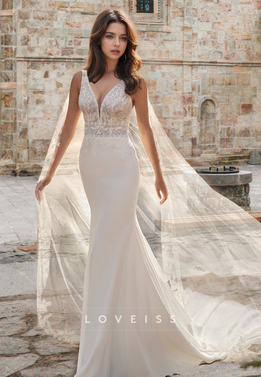 V-Neck Sleeveless Appliques Sleek Mermaid Wedding Dress