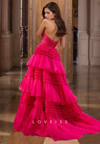 V-Neck Sleeveless Appliques Tiered Tulle A-Line Prom Dress