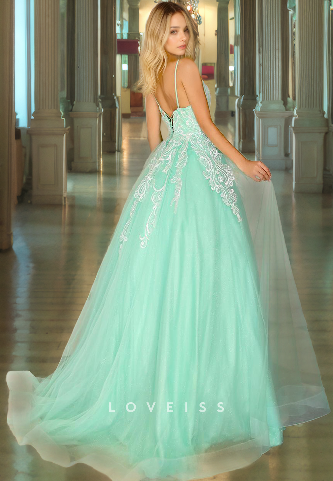 V-Neck Sleeveless Appliques Tulle A-Line Ball Gown Prom Dress