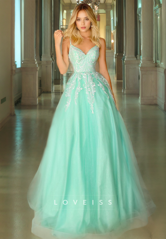 V-Neck Sleeveless Appliques Tulle A-Line Ball Gown Prom Dress