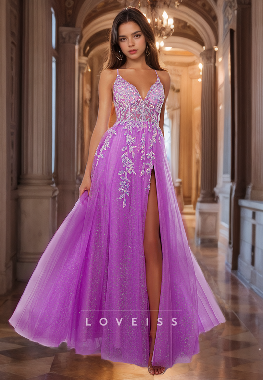 V-Neck Sleeveless Appliques Tulle A-Line Prom Dress