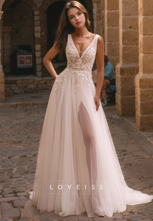 V-Neck Sleeveless Appliques Tulle A-Line Wedding Dress