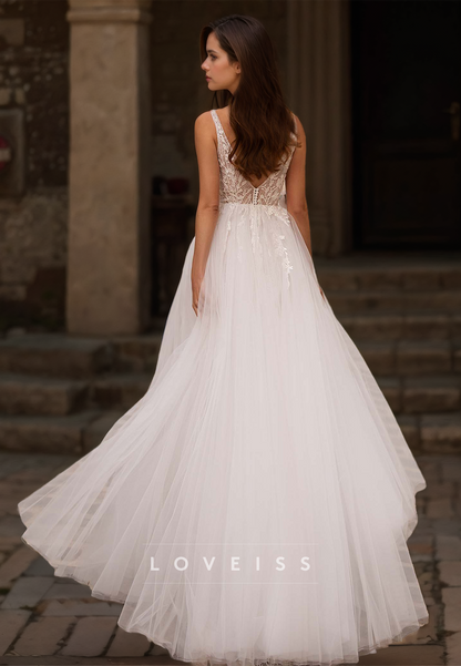 V-Neck Sleeveless Appliques Tulle Ball Gown Wedding Dress