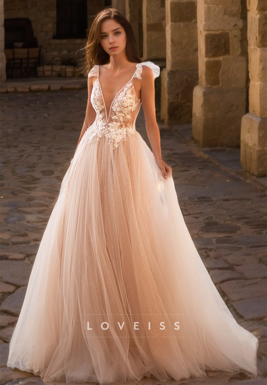 V-Neck Sleeveless Appliques Tulle Ball Gown Wedding Dress