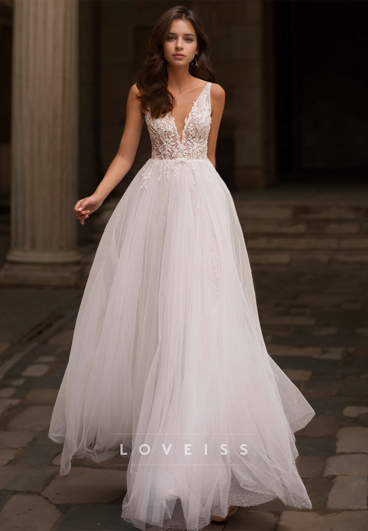 V-Neck Sleeveless Appliques Tulle Ball Gown Wedding Dress