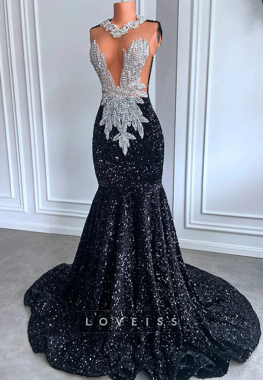 V-Neck Sleeveless Baeded Sequins Pleated Mermaid Prom Dress for Black Girls