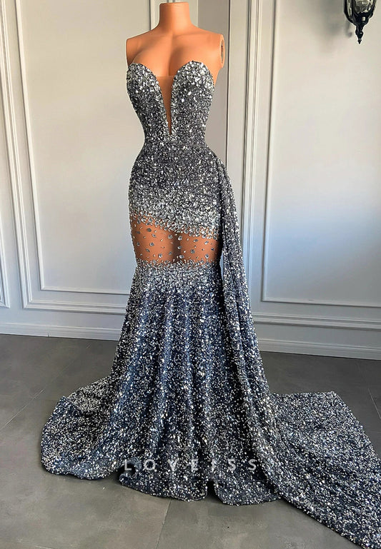 V-Neck Sleeveless Baeded Sequins Sheer Mermaid Prom Dress for Black Girls